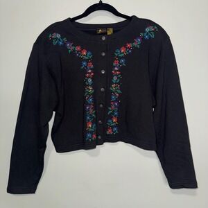 Lizsport Vintage Black Cotton Floral Cross Stitch Embroidered Cardigan Sweater M
